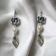 Load image into Gallery viewer, Rose Leaf Dangle Ear with Pearl Swarovski in Sterling Silver