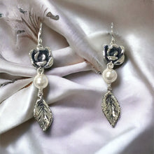 Load image into Gallery viewer, Rose Leaf Dangle Ear with Pearl Swarovski in Sterling Silver