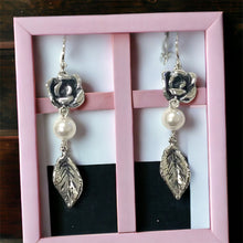 Load image into Gallery viewer, Rose Leaf Dangle Ear with Pearl Swarovski in Sterling Silver