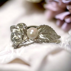 Rose Leaf with Pearl Ring in Sterling Silver