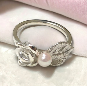 Rose Leaf with Pearl Ring in Sterling Silver