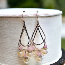 Load image into Gallery viewer, Pearl and Pink Beads with Crystals Double Hoop Chandelier in Sterling Silver