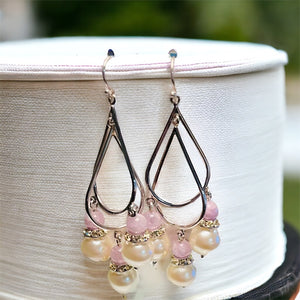 Pearl and Pink Beads with Crystals Double Hoop Chandelier in Sterling Silver