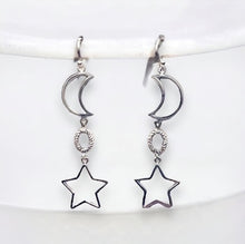 Load image into Gallery viewer, Crescent Moon and Star Dangle Earring in Sterling silver