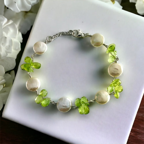 Coin Pearl and Peridot Briolette Bracelet in Sterling Silver