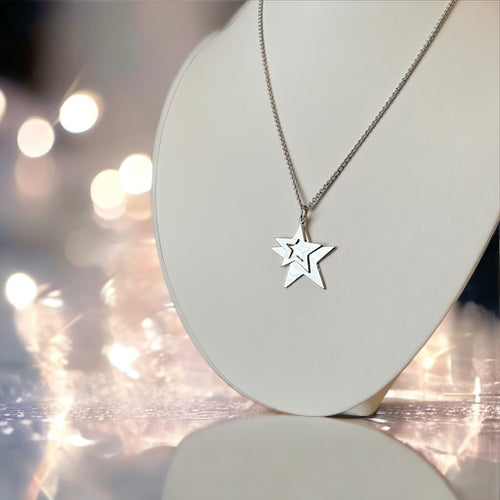 Double Star Cutout Pendant in Sterling Silver - 18 Inch chain
