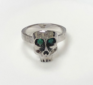 Sterling Silver and Rhodium Plated Skull with Genuine Emeralds