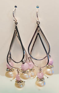 Pearl and Pink Beads with Crystals Double Hoop Chandelier in Sterling Silver