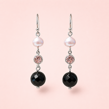 Load image into Gallery viewer, Freshwater Pearl, Pink Crystal, and Onyx Drop Earrings in Sterling Silver