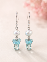 Load image into Gallery viewer, Freshwater Pearl, Seaglass, and Aquamarine Drop Earrings in Sterling Silver