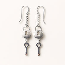 Load image into Gallery viewer, Lock and Heart Key Dangle Earrings in Sterling Silver