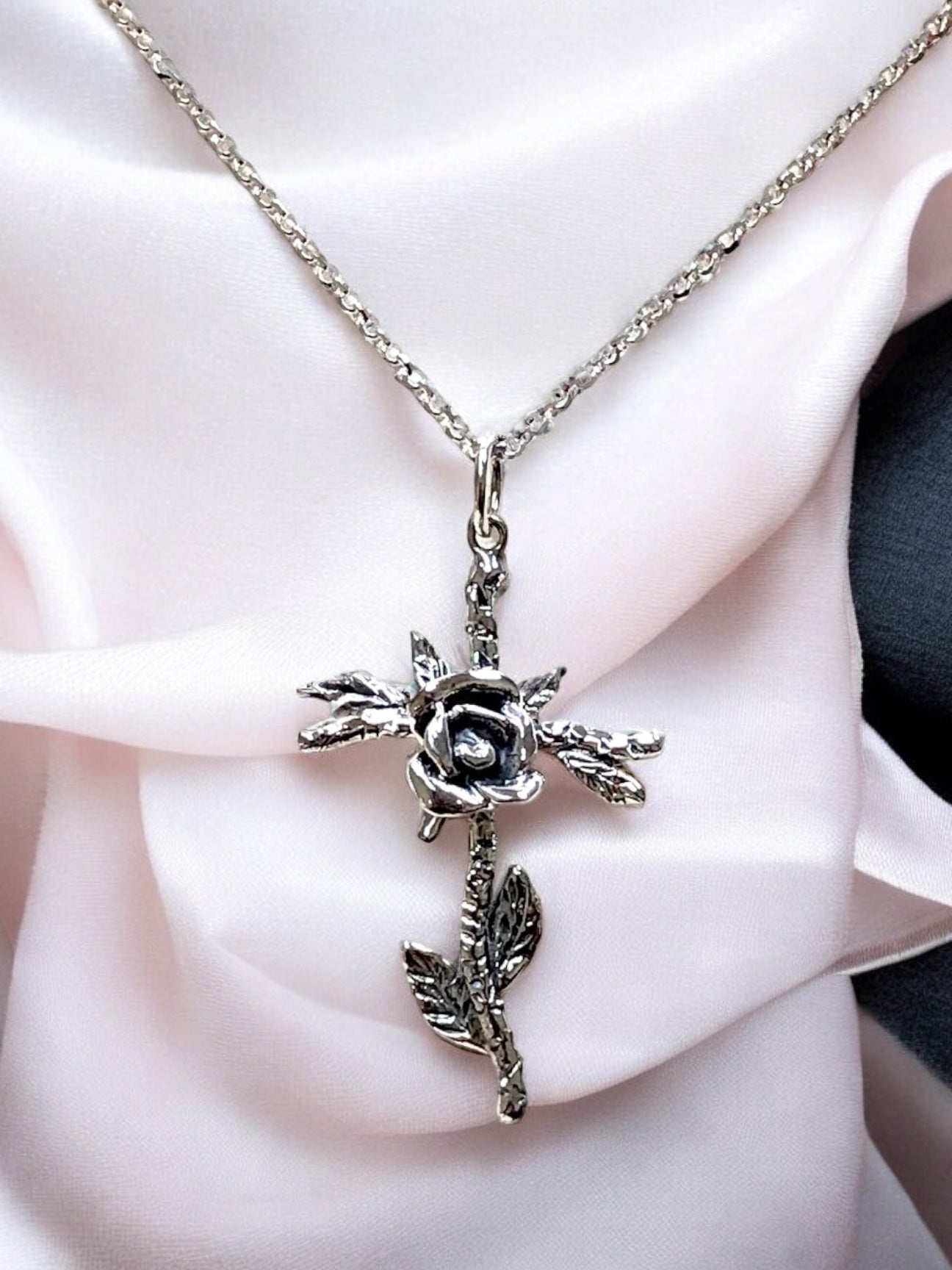 Rose Vine Cross Pendant in Sterling Silver Free USPS Ground