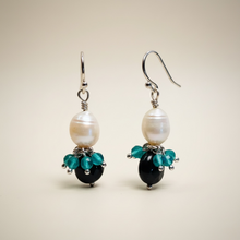 Load image into Gallery viewer, Baroque Pearl, Green and Onyx Stone Earring in Sterling SIlver