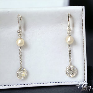 CZ and Freshwater Pearl Chain Drop Earring in Sterling Silver