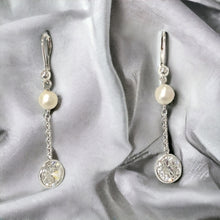 Load image into Gallery viewer, CZ and Freshwater Pearl Chain Drop Earring in Sterling Silver