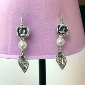 Rose Leaf Dangle Ear with Pearl Swarovski in Sterling Silver