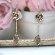 Load image into Gallery viewer, Rose Leaf Drop Earrings with Sterling Silver Chain