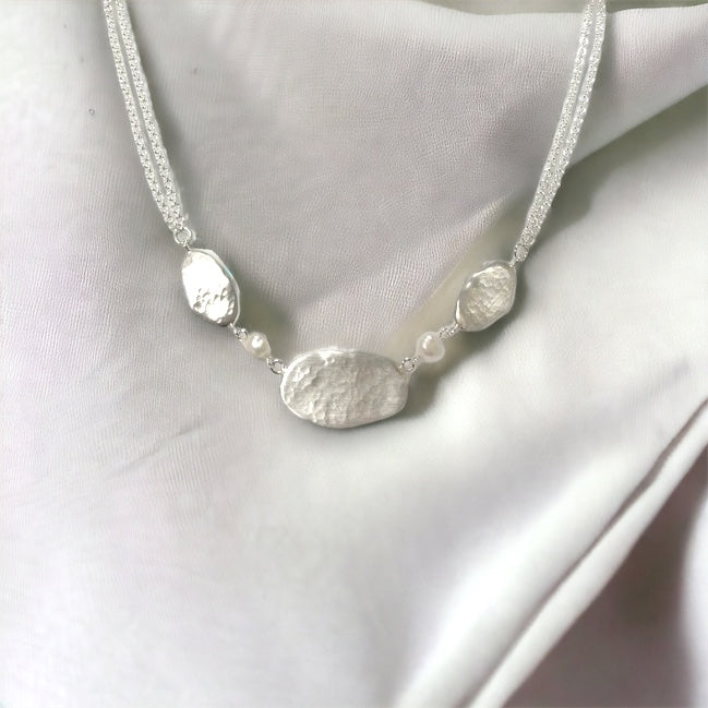 Oval Link Necklace with Freshwater Pearls in Sterling Silver