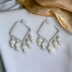Square Hoops with Pearl Beads in Sterling Silver