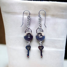 Load image into Gallery viewer, Lock and Heart Key Dangle Earrings in Sterling Silver