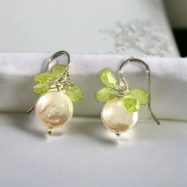 Peridot and Coin Pearl Earring in Sterling Silver