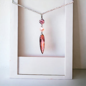 Pink Crystal with Freshwater Pearl Pendant in Sterling Silver