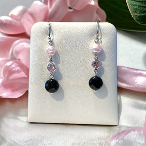 Freshwater Pearl, Pink Crystal, Onyx Drop Earring in Sterling Silver.