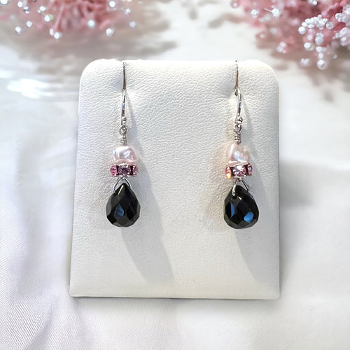 Freshwater Pink Pearl and Crystal and Onyx Earring in Sterling Silver