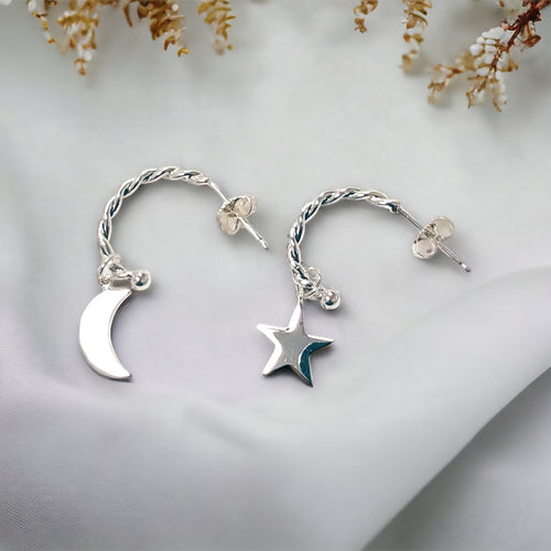 Twisted Hoop Earring with Moon and Star Charm in Sterling Silver