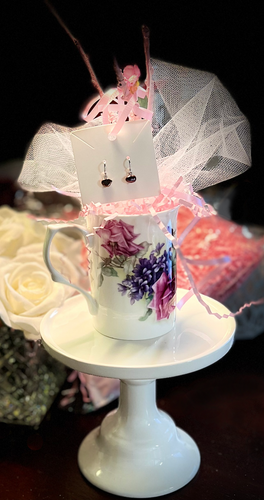 Tea Cup with Pearl Earrings on Tiny Branch