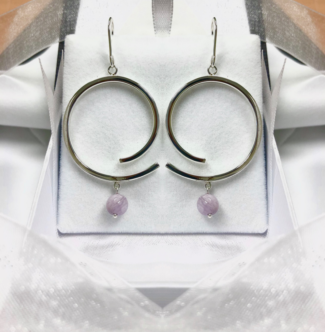 Swirl Hoop Earring with Natural Lavender Bead in Sterling Silver