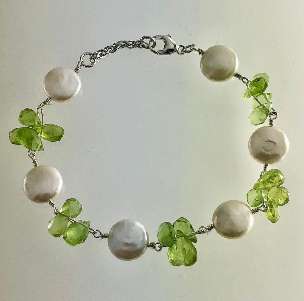 Coin Pearl and Peridot Briolette Bracelet in Sterling Silver