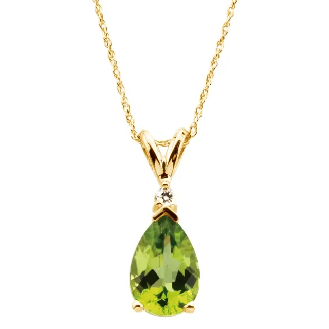 Pear Peridot and Diamond Necklace in 14K Yellow Gold