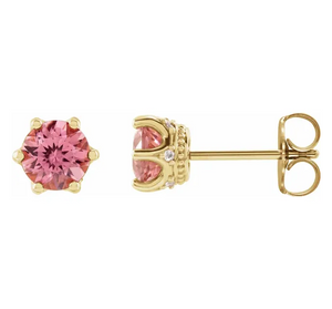 Pink Tourmaline and Diamond Crown Earrings in 14K Yellow Gold