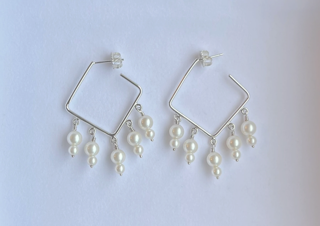 Square Hoops with Pearl Beads in Sterling Silver