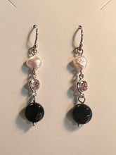Load image into Gallery viewer, Freshwater Pearl, Pink Crystal, Onyx Drop Earring in Sterling Silver.