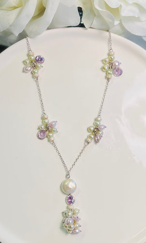 Genuine Pearls, Lavender Crystals, and Coin Pearl Pendant in Sterling Silver