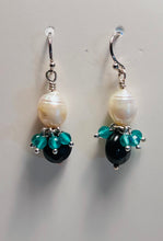 Load image into Gallery viewer, Baroque Pearl, Green and Onyx Stone Earring in Sterling SIlver