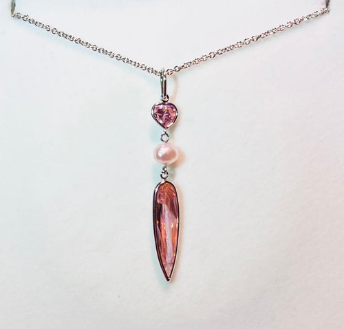 Pink Crystal with Freshwater Pearl Pendant in Sterling Silver