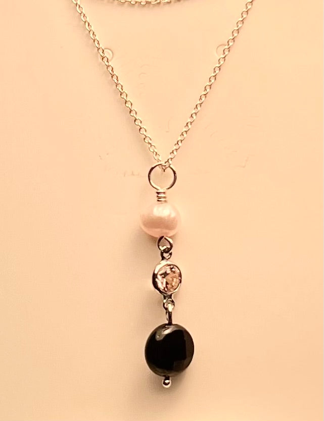 Freshwater Pearl, Lavender CZ, and Onyx Pendant in Sterling SIlver