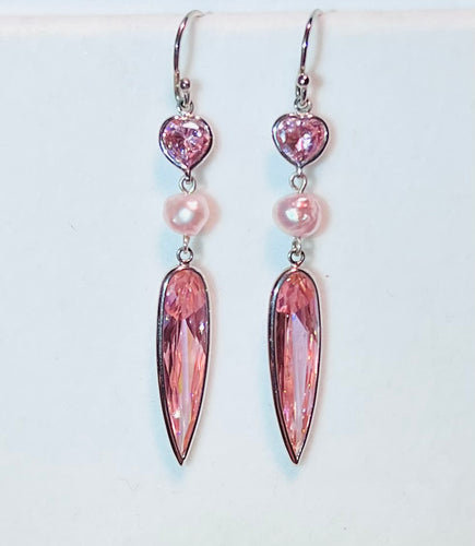 Pink CZ's, Freshwater Pearl Earring Drop in Sterling Silver