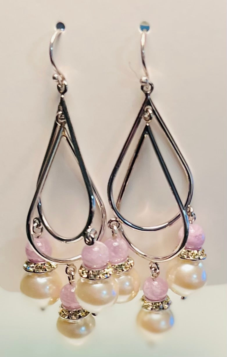 Pearl and Lavender Beads with Austrian Crystals Double Hoop Chandelier in Sterling Silver