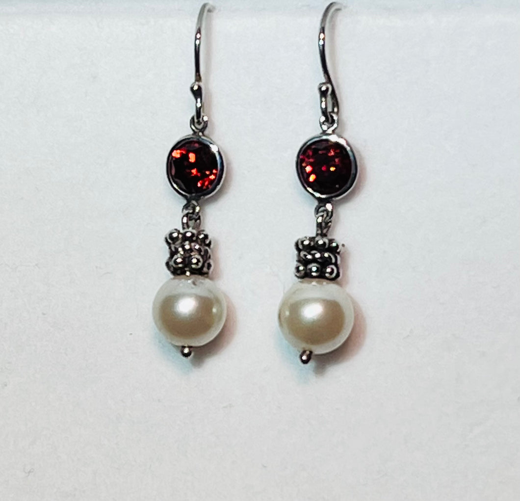 Garnet Crystal Pearl bead Drop Earring in Sterling Silver