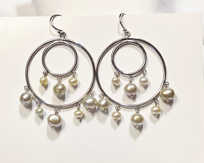 Freshwater Pearl Double Hoop Earring in Sterling Silver