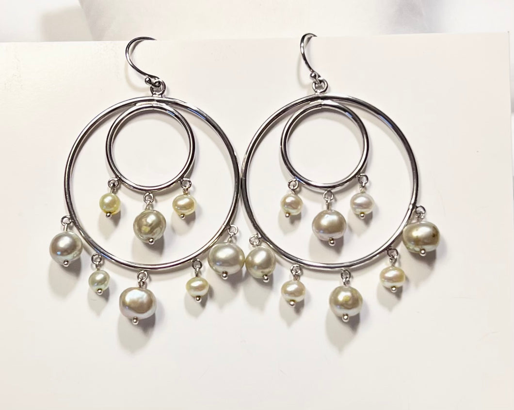 Freshwater Pearl Double Hoop Earring in Sterling Silver