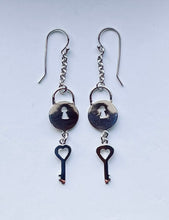 Load image into Gallery viewer, Lock and Heart Key Dangle Earrings in Sterling Silver