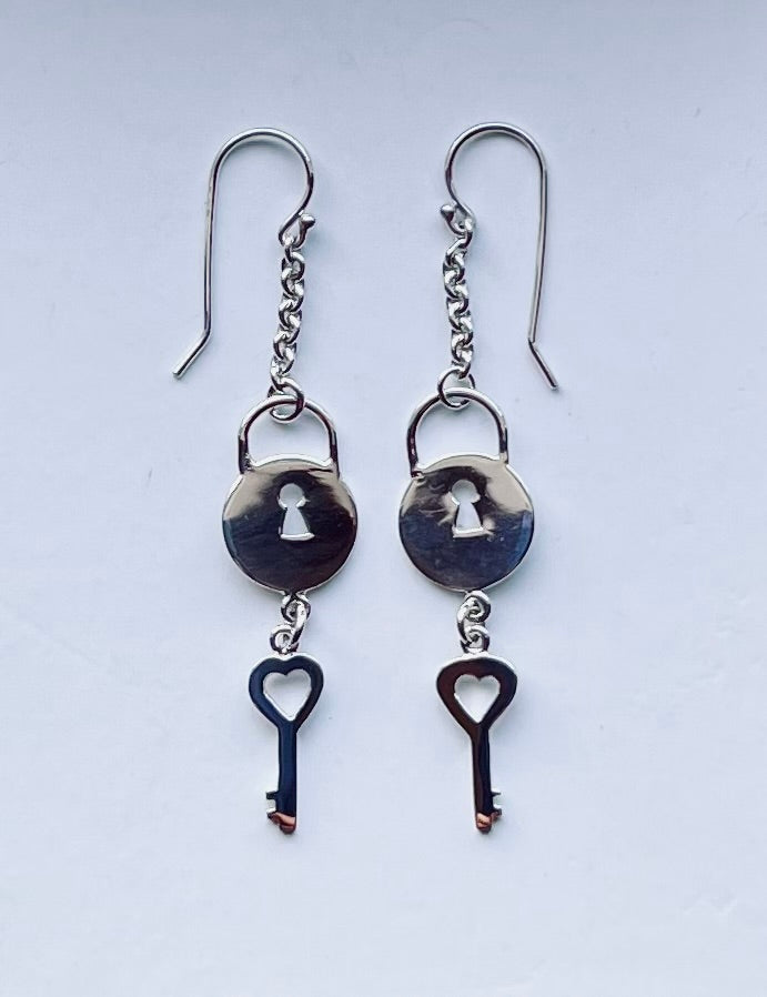 Lock and Heart Key Dangle Earrings in Sterling Silver